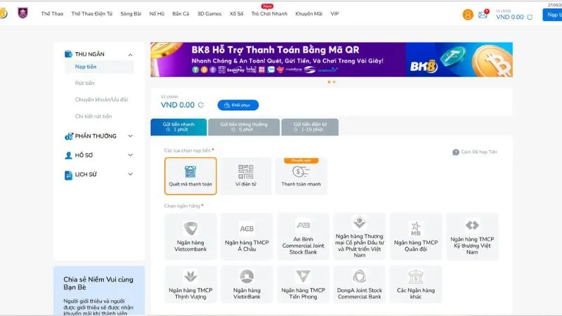 Đa dạng phương thức nạp tiền BK8 được hỗ trợ