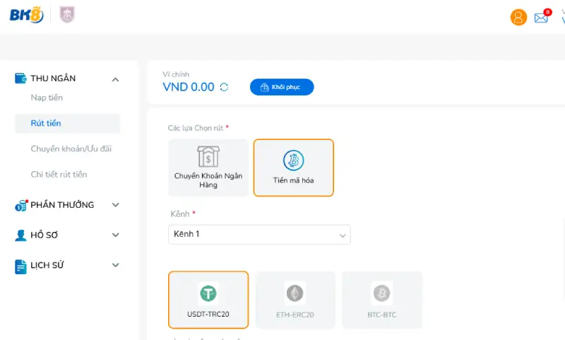Điều khoản sử dụng BK8 khi rút tiền