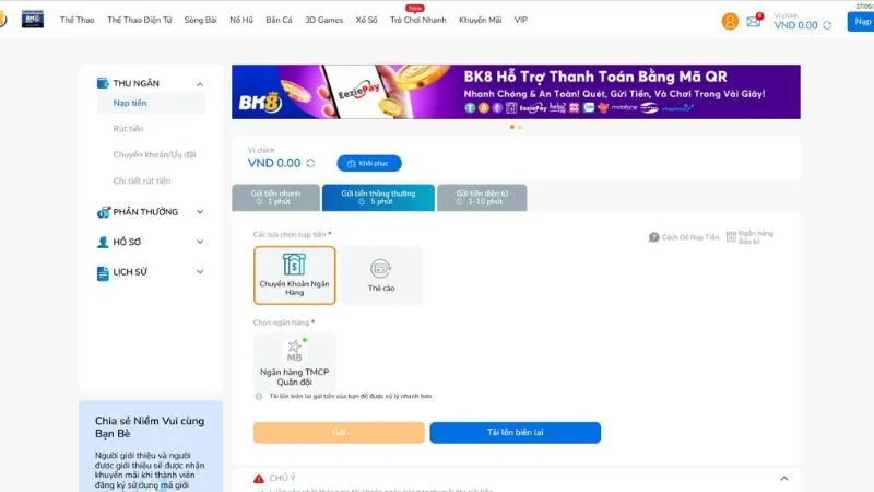 Nạp tiền nhanh qua hệ thống của nhà cái BK8