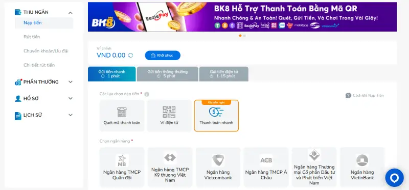 Quy định nạp tiền BK8